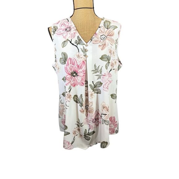 Emory Rose Pleated Tank Top Size XL Sleeveless Blouse Floral  Asymmetrical Light - Picture 6 of 14